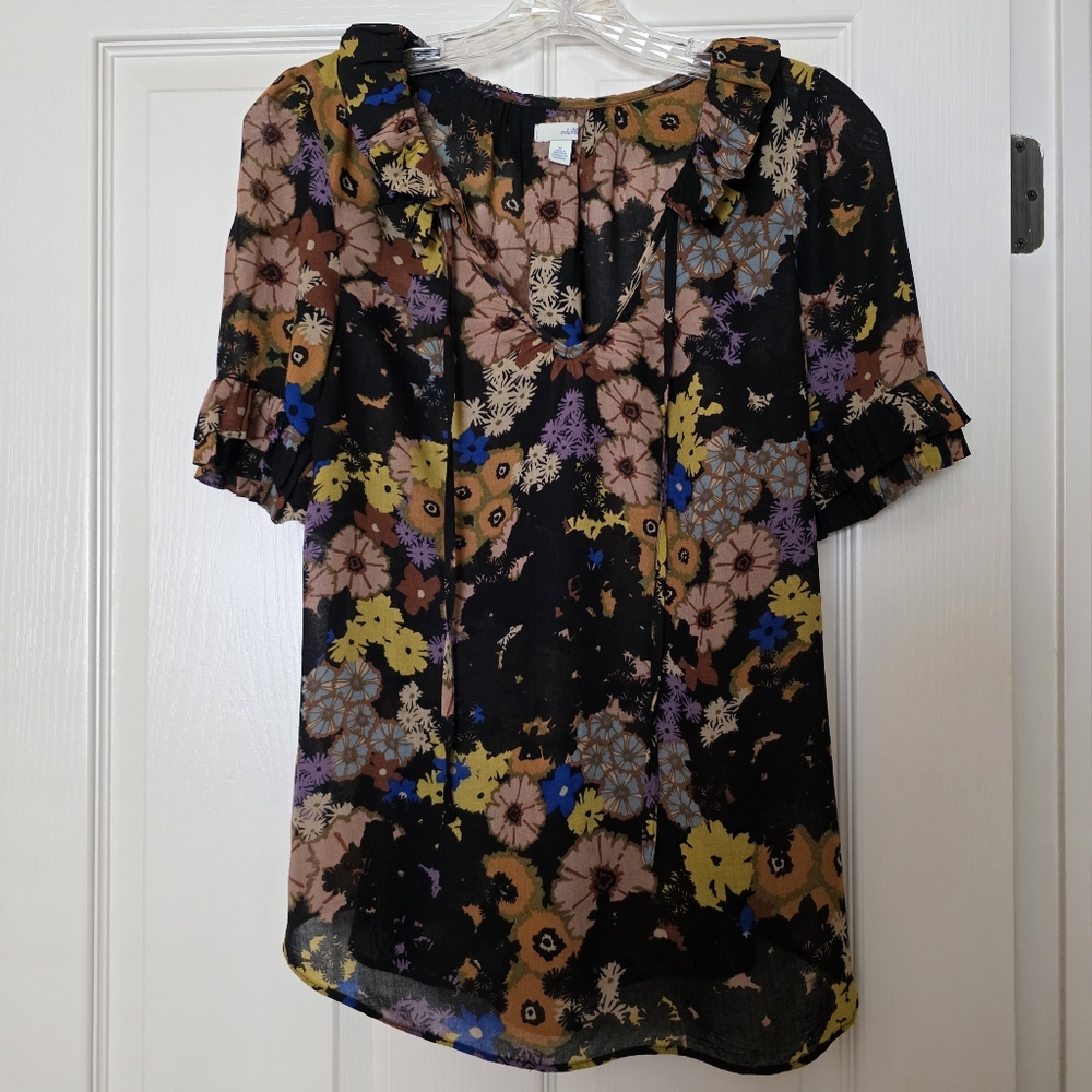 Odille Floral Short Sleeve Ruffle V-Neck Top - Black/Multi Size 6